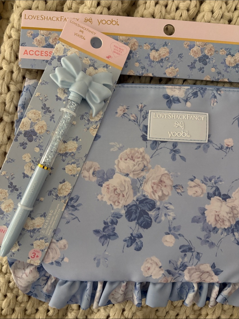 LoveShackFancy Light Blue Floral Zip Pouch and bow pen